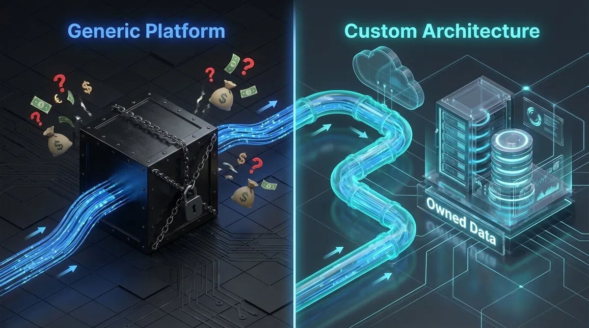 Comparison diagram showing data loss in generic third-party ticketing platforms versus full data ownership in custom event software architecture.