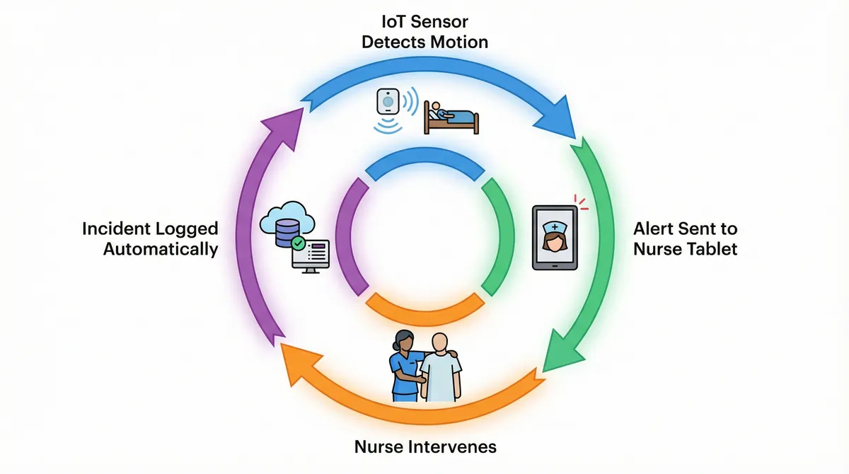 Diagram showing how custom nursing home software automates fall detection and response.